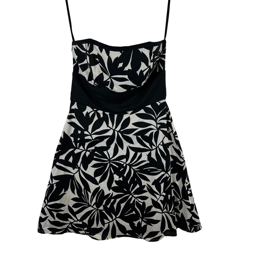 White House Black Market Strapless Leaf Print Cotton Mini‎ Dress Black White 6